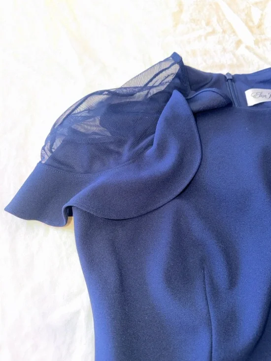 Eliza J Sheer Ruffle Shoulder Cocktail Dress Navy Midi Scuba Crepe Size 8 - Picture 3 of 11